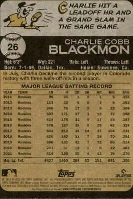 Baseball card back of 2022 Topps Heritage #26 Charlie Blackmon with original gloss