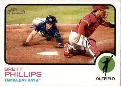 2022 Topps Heritage #28 Brett Phillips baseball card with original gloss and NM-MT Rays quality