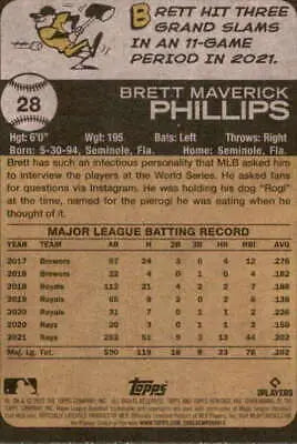 Baseball card back of 2022 Topps Heritage #28 Brett Phillips with original gloss features