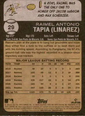 2022 Topps Heritage #29 Raimel Tapia card back showcasing original gloss and stats