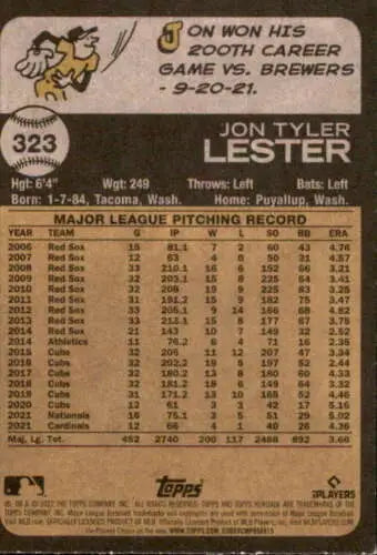 Jon Tyler Lester baseball card from 2022 Topps Heritage featuring original gloss finish