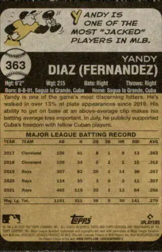 Baseball card of MLB player Yandy Diaz with statistics from 2022 Topps Heritage series