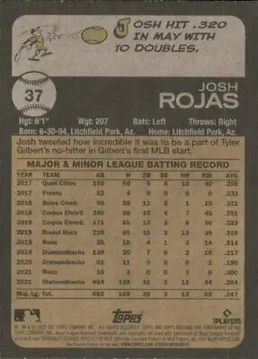 Back view of 2022 Topps Heritage #37 Josh Rojas Arizona Diamondbacks baseball card