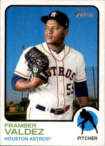 Baseball card of Astros pitcher Framber Valdez in white jersey, original gloss edition