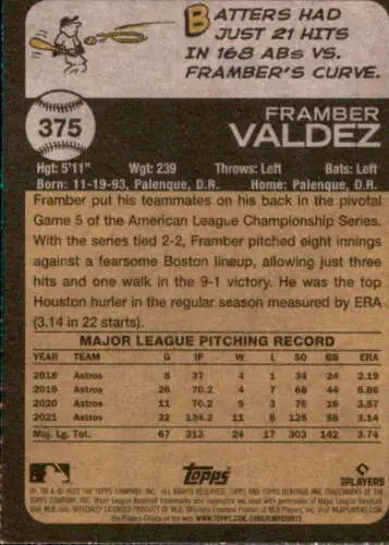 Baseball card featuring Framber Valdez statistics from 2022 Topps Heritage original gloss