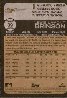 Baseball card back of 2022 Topps Heritage #39 Lewis Brinson featuring original gloss