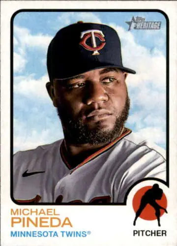 Baseball card featuring Minnesota Twins pitcher Michael Pineda in navy cap and gray jersey