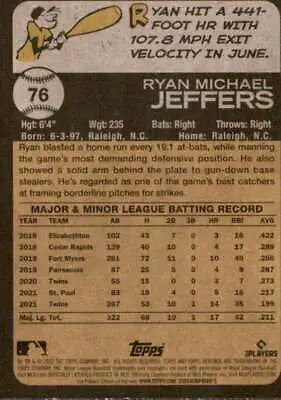 Baseball card back of 2022 Topps Heritage #76 Ryan Jeffers NM-MT Twins original gloss