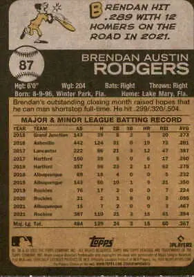 Baseball card back of 2022 Topps Heritage #87 Brendan Rodgers with original gloss NM-MT