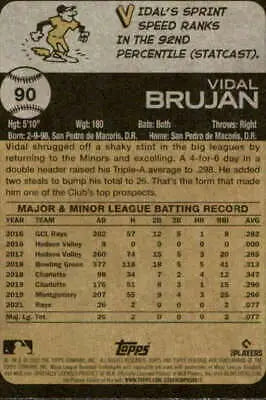 Baseball card back of 2022 Topps Heritage #90 Vidal Brujan with original gloss Rays