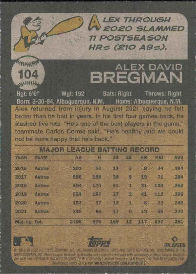 Back view of 2022 Topps Heritage Alex Bregman baseball card featuring Houston Astros stats