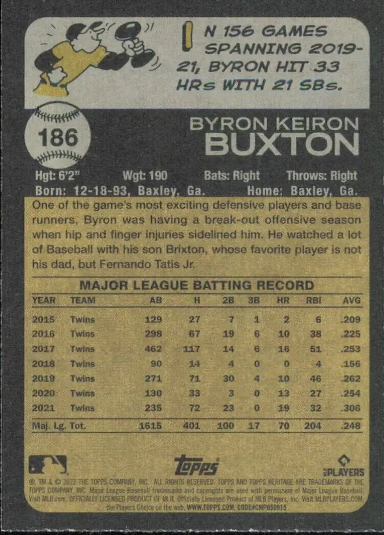 Topps Heritage Byron Buxton Minnesota Twins MLB Baseball card #186 showcasing player stats