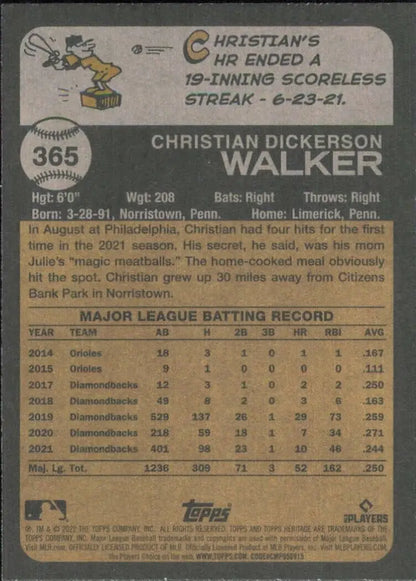 Topps Heritage Christian Walker Arizona Diamondbacks Baseball Card #365