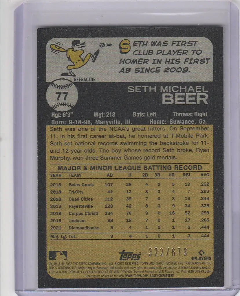 Baseball card of Seth Beer Arizona with statistics and cartoon duck mascot, Topps Heritage Chrome