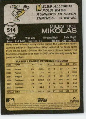 2022 Topps Heritage High Number #514 Miles Mikolas baseball card with original gloss