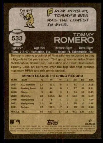 2022 Topps Heritage High Number #533 Tommy Romero Baseball Card NM-MT RC Rookie Rays