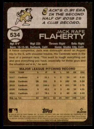 Baseball card back of 2022 Topps Heritage High Number #534 Jack Flaherty NM-MT Cardinals