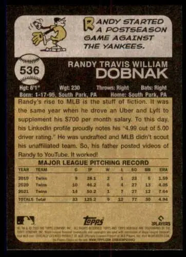 Baseball card back of 2022 Topps Heritage High Number #536 Randy Dobnak Twins NM-MT