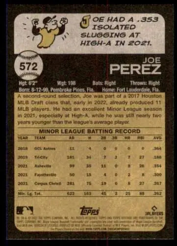 Baseball card back of 2022 Topps Heritage High Number #572 Joe Perez NM-MT RC Rookie Astros