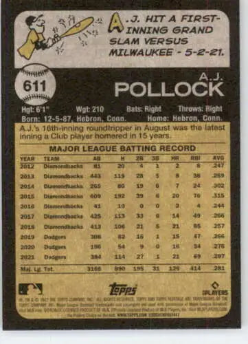 Baseball card back of 2022 Topps Heritage High Number #611 A.J. Pollock NM-MT White Sox