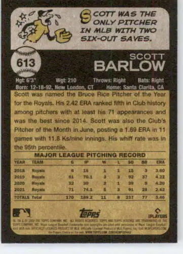 Back of 2022 Topps Heritage High Number #613 Scott Barlow baseball card with original gloss