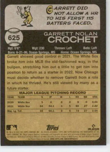 Baseball card back of 2022 Topps Heritage High Number #625 Garrett Crochet NM-MT White Sox