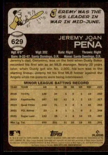 Back of 2022 Topps Heritage High Number #629 Jeremy Pena NM-MT RC baseball card