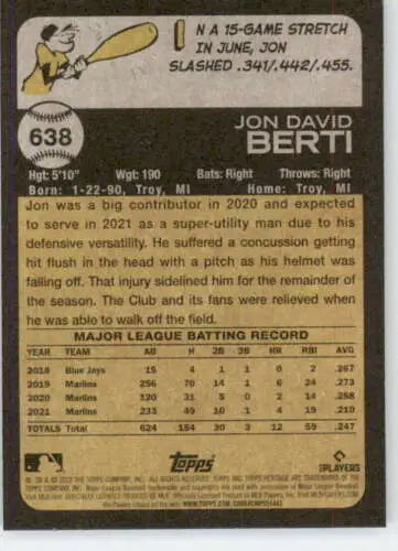 Baseball card back of 2022 Topps Heritage High Number #638 Jon Berti NM-MT Marlins