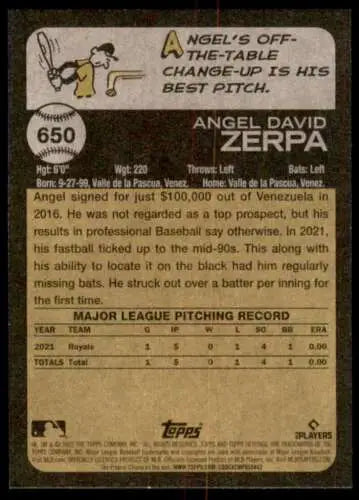 Baseball card back of 2022 Topps Heritage High #650 Angel Zerpa NM-MT RC Rookie