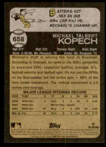 Baseball card back of 2022 Topps Heritage High Number #658 Michael Kopech with original gloss