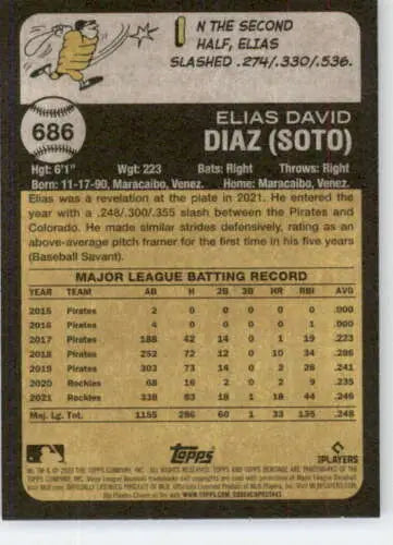 Baseball card back of 2022 Topps Heritage High Number Elias Diaz Rockies original gloss