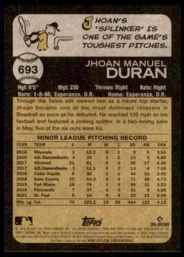 Back of 2022 Topps Heritage High Number #693 Jhoan Duran NM-MT RC baseball card