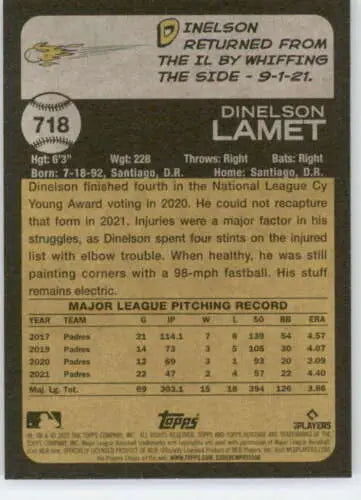 Dinelson Lamet baseball card from 2022 Topps Heritage High Number collection with original gloss