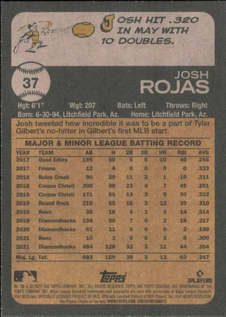 Topps Heritage Josh Rojas Arizona Diamondbacks MLB Baseball card #37 displayed product