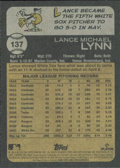 Lance Lynn baseball card from 2022 Topps Heritage Chicago White Sox #137