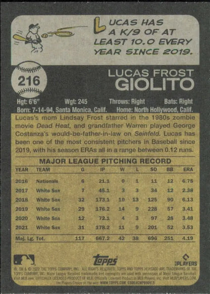 Back of the 2022 Topps Heritage Lucas Giolito Chicago White Sox baseball card #216