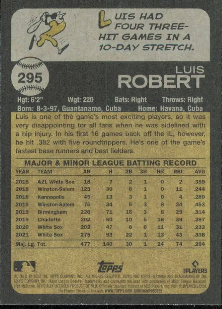 Back of 2022 Topps Heritage Luis Robert Chicago White Sox MLB Baseball card #295