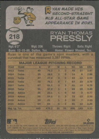 2022 Topps Heritage Ryan Pressly Houston Astros MLB Baseball card #218 for collectors