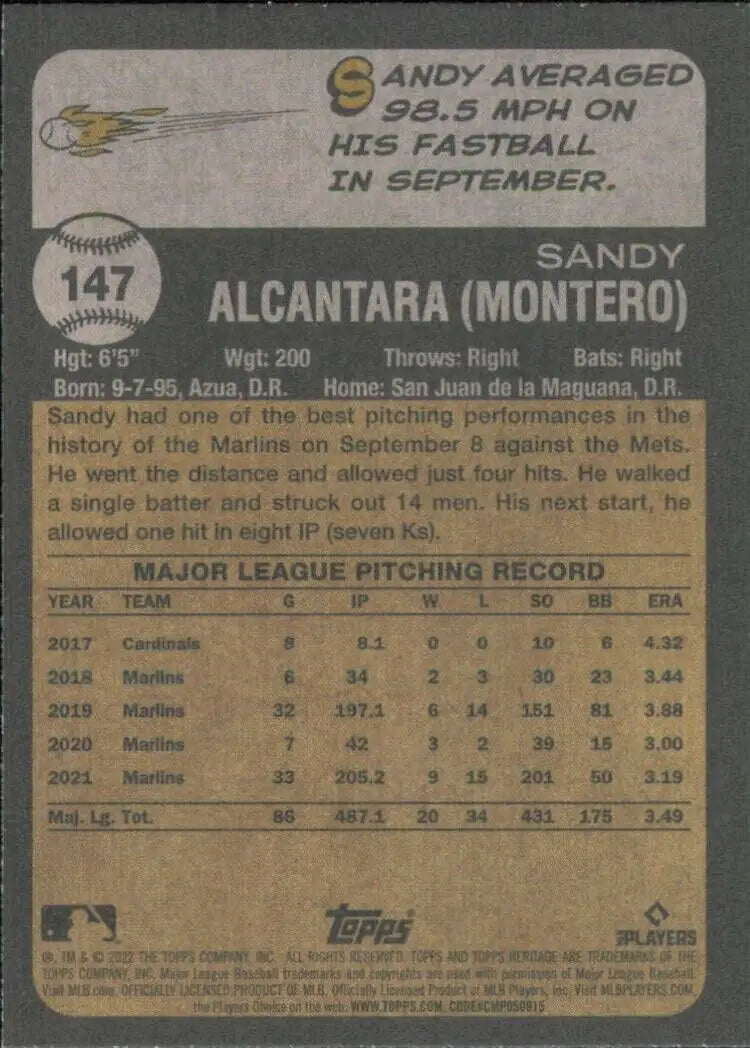 Topps Heritage Sandy Alcantara Miami Marlins MLB baseball card #147 for collectors