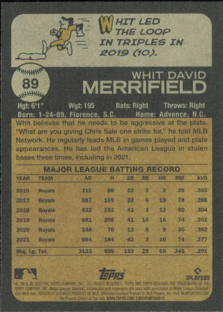 Back of 2022 Topps Heritage Whit Merrifield Kansas City Royals baseball card #89