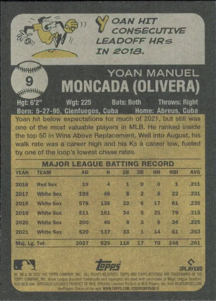 Yoan Moncada Chicago White Sox 2022 Topps Heritage Baseball Card #9