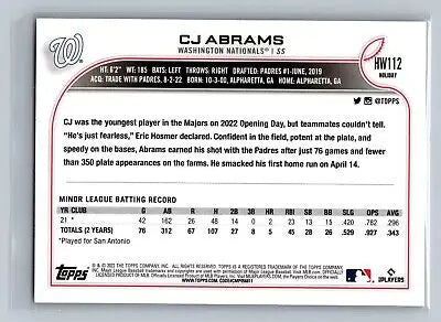 Baseball card back of 2022 Topps Holiday HW112 CJ Abrams Metallic RC