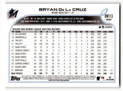 Baseball card back of 2022 Topps Holiday HW113 Bryan De La Cruz NM-MT RC Rookie Marlins