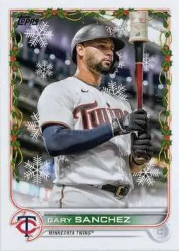 Baseball card of HW119 Gary Sanchez in a white uniform with holiday border, Topps Holiday