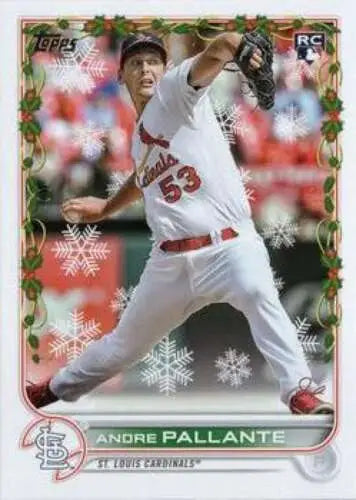 Baseball card featuring HW141 Andre Pallante in white uniform, Topps Holiday design