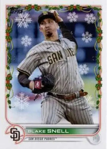 Baseball card of HW155 Blake Snell in pinstripe uniform with holiday-themed border