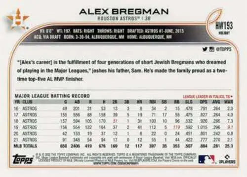 Baseball card featuring career stats and quote of HW193 Alex Bregman Topps Holiday