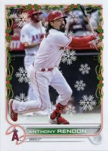 Baseball card of HW196 Anthony Rendon in white Angels uniform with holiday designs