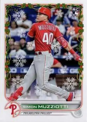 Baseball card of HW32 Simon Muzziotti in batting stance with snowflakes, Topps Holiday original gloss