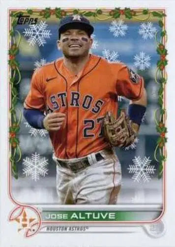 Baseball card of HW34 Jose Altuve in orange jersey featuring original gloss Topps Holiday